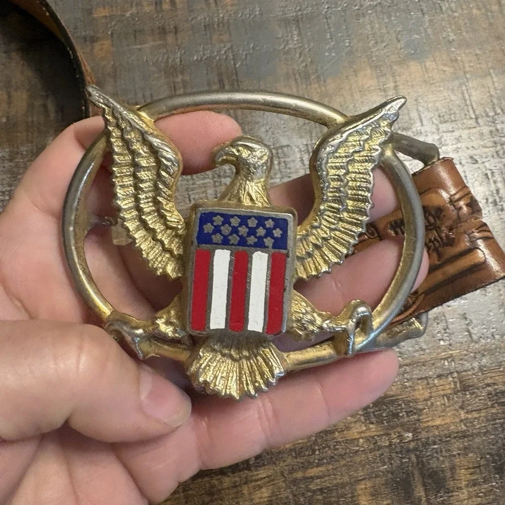 Vintage American Eagle Buckle & Leather Americana Flag Belt Elvis Men's M 34-38